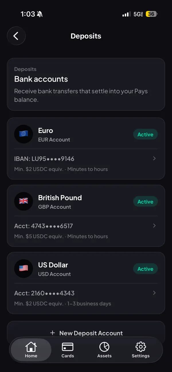 Pays deposits screen showing supported bank accounts