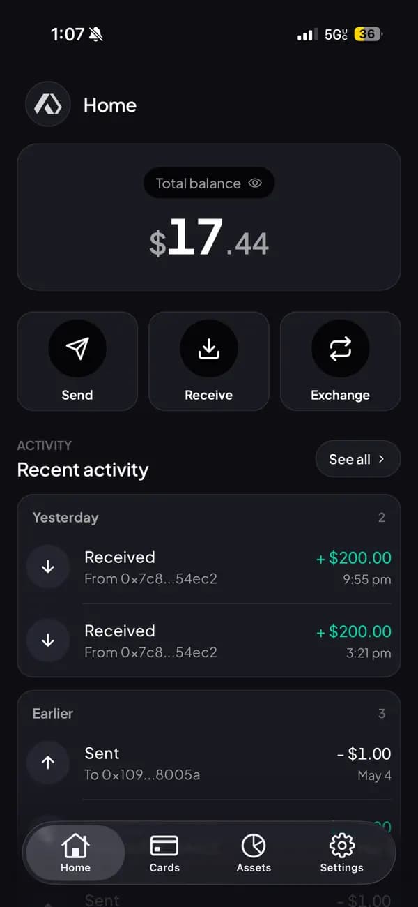 Pays home screen with balance, send, receive, exchange, and recent activity